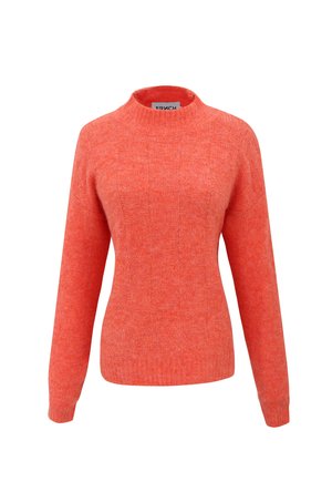 Pull en maille corail à manches longues avec une texture subtile à carreaux et un col montant côtelé, poignets et ourlet.