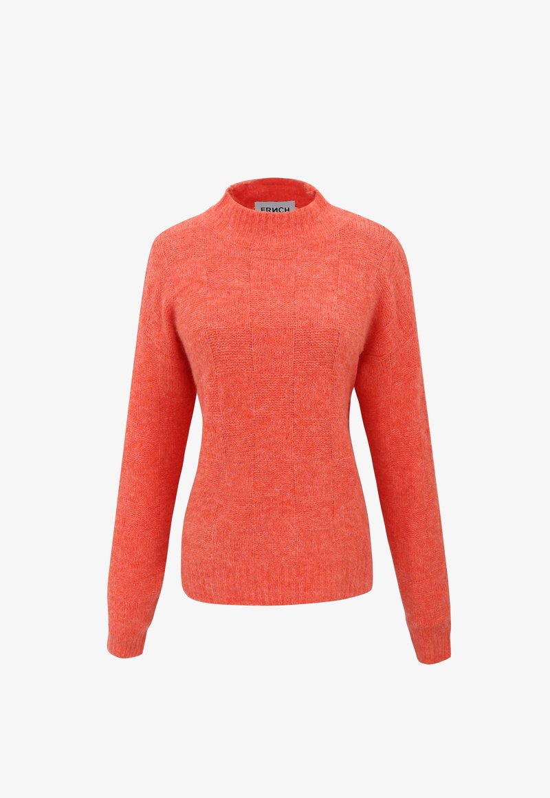 Pull en maille corail à manches longues avec une texture subtile à carreaux et un col montant côtelé, poignets et ourlet.
