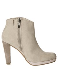 Beige suede ankle boot with a high heel, zipper detail on the side, rounded toe, and smooth texture, featuring a contrasting platform.