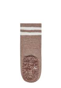 Brown toddler sock with white double stripes and a non-slip textured sole featuring star and number patterns.