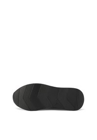Suola di scarpe in gomma nera con un motivo a zigzag texture per aderenza, dotata di aree lisce e rigate, progettata per trazione e durata.