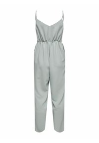Jumpsuit verde claro con escote en V, tirantes ajustables, cintura elástica y piernas ajustadas. Confeccionado en una tela suave y lisa.
