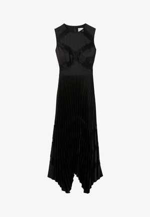 Abito nero senza maniche con corpetto liscio, dettagli in pizzo e gonna plissettata che si allarga sul fondo. Design elegante e strutturato.