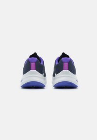 High-top athletic shoes featuring a navy mesh upper, white midsole, and purple accents on the heel and cushioning. Textured surface.