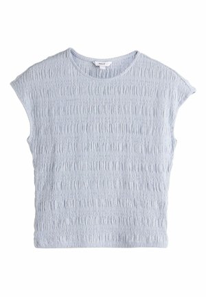 Bluza texturată albastru deschis, cu mâneci scurte și model de țesătură adunată, cu decolteu rotund, etichetată „NEXT” în interiorul gulerului.