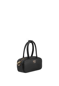 Borsa in ecopelle nera con forma rettangolare, doppio manico superiore, zip color oro e logo in rilievo sulla parte frontale.