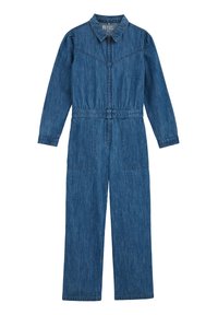 Denim kombinezon s ovratnikom, dolgimi rokavi, sprednjim zadrgo, elastikasto pasom in dvema sprednjima žepoma. Ima bleden modri pranje.
