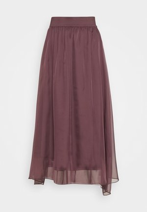Jupe maxi en bordeaux profond, fabriquée à partir d'un tissu léger et transparent. Dotée d'une taille élastique et d'un design fluide et en couches.