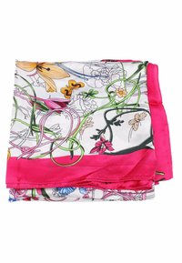 Foulard di seta con un motivo floreale dai colori vivaci, prevalentemente bianco con bordo rosa, viti intrecciate e dettagli di farfalle.