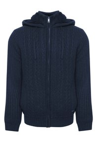 Mörkblå zip-up stickad hoodie med ett strukturerat mönster, ribbade ärmslut och två dragsnören på huvan, med en mjuk innerfoder.