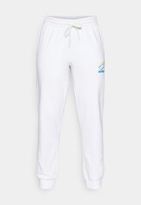 Weiße Baumwoll-Sweatpants mit elastischem Bund, verstellbarem Kordelzug und Logodetails in Blau und Regenbogenfarben am linken Oberschenkel.