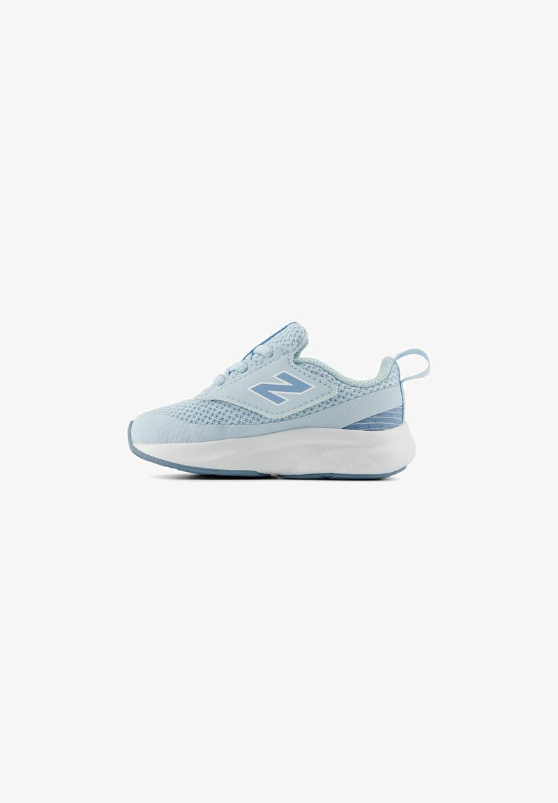 Light blue athletic shoe with mesh and synthetic upper, cushioned white midsole, rounded toe, and a pull tab at the heel.