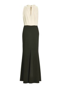 Robe de soirée sans manches avec corsage ajusté crème et jupe noire évasée longue jusqu'au sol, avec un col goutte d'eau et une fermeture par bouton.