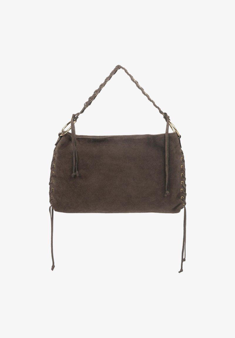 Brązowa torebka z zamszu z skręconym uchwytem, sznurowanymi detalami po bokach i złotymi akcentami. Gładka tekstura z regulowanymi zawiązaniami po bokach.