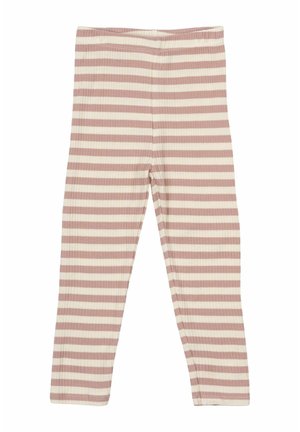 Raidalliset legginsit pehmeästä, ribbimekasta, jossa vuorottelevat beigen ja vaaleanpunaisen vaaleat vaakaraidat sekä joustava vyötärö.