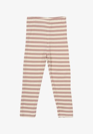 Črtaste legice iz mehke, rebraste tkanine z izmeničnimi bež in svetlo rožnatimi vodoravnimi črtami ter elastičnim pasom.