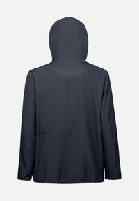Veste résistant à l'eau gris foncé avec capuche, manches longues et doublure en maille. Présente un design simple et épuré sans fermetures visibles.