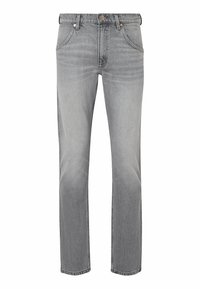 Jeans de mezclilla gris con corte recto, diseño de cinco bolsillos y cierre frontal con botón. Presenta un desvanecimiento mínimo y costuras resistentes.