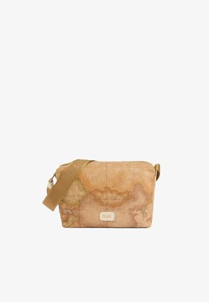 Borsa a tracolla color cuoio con design vintage della mappa del mondo e ampia tracolla regolabile con nome del marchio in rilievo.