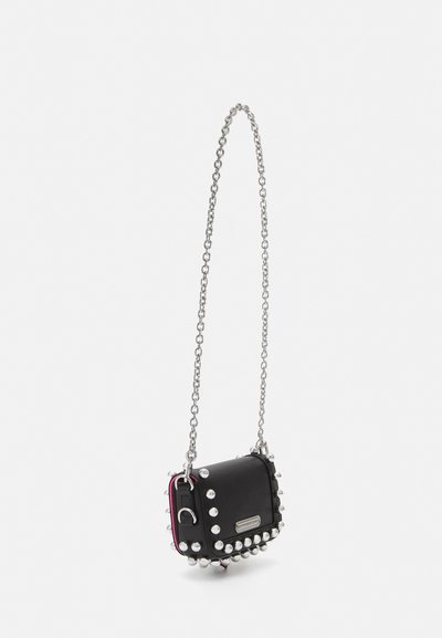 Black handbag with silver stud accents, chain strap, rectangular shape, and a pink interior. Features a subtle logo on the front.