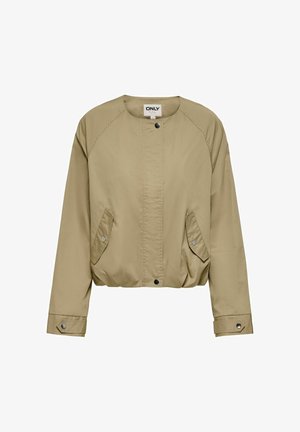 Veste bomber marron clair avec boutons-pression, deux poches à rabat avant avec boutons-pression, et manches longues avec poignets réglables par boutons-pression.