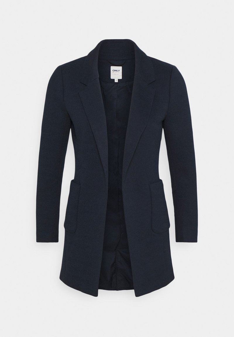 Blazer bleu marine pour femme avec manches longues, deux poches avant, revers crantés et une coupe mi-cuisse, devant non boutonné.