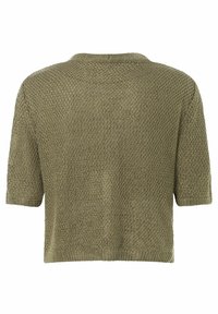 Olivengrünes gestricktes Kurzarmoberteil mit einem strukturierten Muster und einem verkürzten Design. Es hat einen runden Ausschnitt und einen lockeren Schnitt.