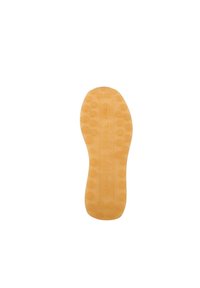 Rubberen schoenzool in lichtoranje met een gestructureerd, hexagonaal patroon voor grip; heeft een reliëfbranding langs het midden.