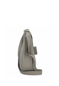 Borsa a tracolla in similpelle grigia, design slim, tracolla regolabile, texture liscia, con una piccola tasca laterale e dettagli in argento.