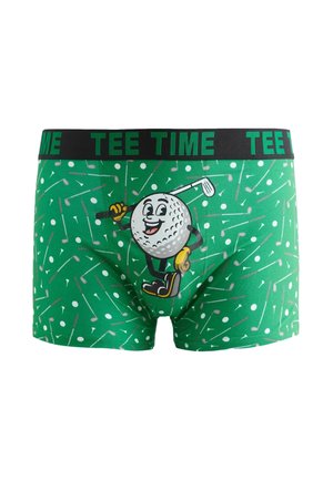 Boxer vert avec un motif de golf et un personnage de balle de golf en dessin animé tenant un club, avec le texte "TEE TIME" sur la ceinture.