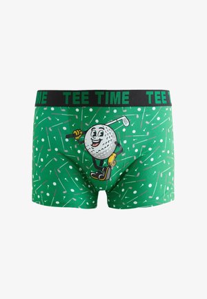Boxer verdi con motivo golf e personaggio cartone animato di pallina da golf che tiene un bastone, con testo "TEE TIME" sulla cintura.
