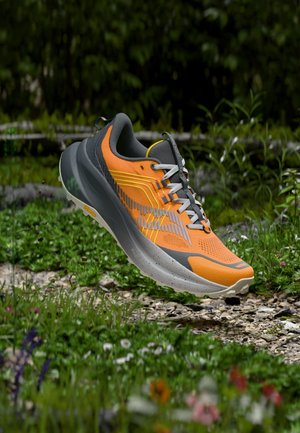 Chaussure de course orange et grise avec des lacets blancs flottant au-dessus d'un sentier de gravier et d'herbe dans un cadre forestier.