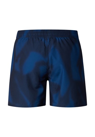 Granatowe męskie kąpielówki z elastycznym pasem, gładkim materiałem i regularnym krojem, widoczne od tyłu.