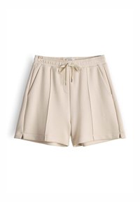 Beige shorts made from soft fabric, featuring an elastic waistband, drawstring with metal tips, and side pockets. Pleated front design.