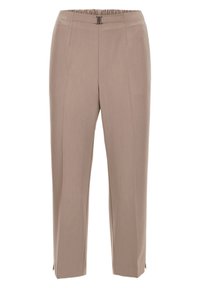 Hose aus hellbeigem Stoff, mit strukturierter Oberfläche, elastischem Bund und Reißverschluss, mit schmal zulaufenden Beinen und seitlichen Schlitzen.