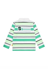Polo a maniche lunghe con righe orizzontali verdi e bianche, dettagli neri e un design a punto luce 'S' sul retro. Materiale in cotone.