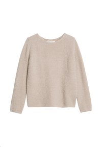 Beżowy sweter z okrągłym dekoltem, wykonany z miękkiego, teksturowanego materiału. Posiada długie rękawy i luźny krój. Dół jest prosty, bez widocznych zapięć.