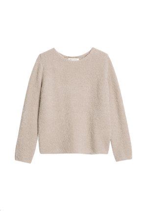 Beige Rundhals-Pullover aus weichem, strukturiertem Stoff. Er hat lange Ärmel und eine lockere Passform. Der Saum ist gerade, ohne sichtbare Verschlüsse.
