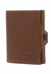 Brown leather wallet with a textured finish, featuring yellow stitching, a black snap closure, and embossed branding on the front.
