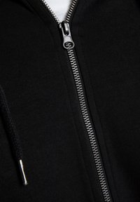 Black zip-up hoodie with a silver metal zipper, featuring a smooth fabric texture and adjustable drawstring at the hood.