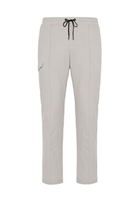 Light grey trousers made of soft fabric, featuring an elastic waistband with a black drawstring and a side cargo pocket.