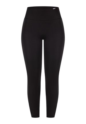 Schwarze Leggings mit hohem Bund, hergestellt aus einem dehnbaren Material, mit einer glatten Textur und ohne sichtbare Muster oder Akzente.