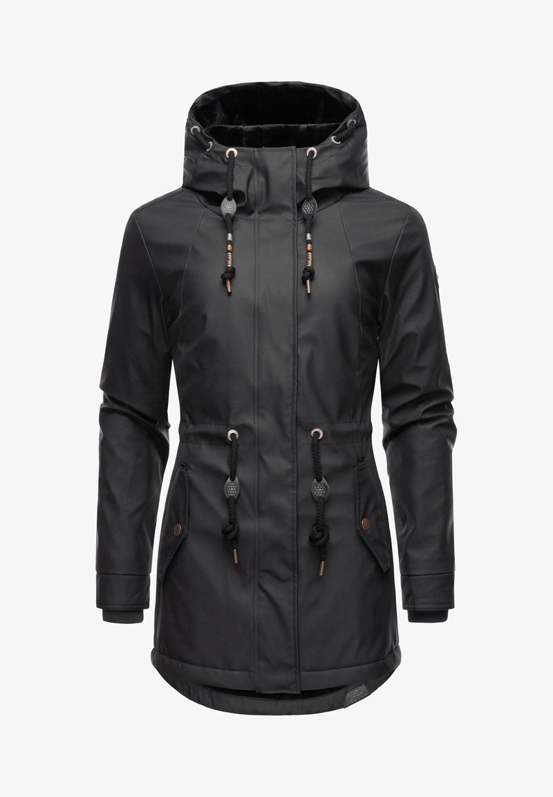 Zwarte waterdichte parka met een capuchon met koord, twee frontzakken en elastische manchetten. Heeft een gestructureerde voering en koperen accenten.