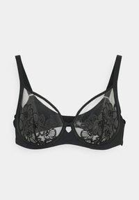 Schwarzer Bügel-BH mit durchsichtigen floralen Spitzen Cups und verstellbaren Schulterträgern vor weißem Hintergrund.