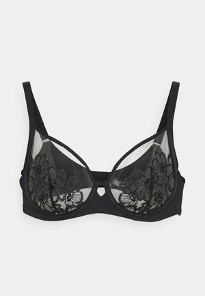 Zwarte beugel BH met doorschijnende bloemenkant cups en verstelbare schouderbandjes op een witte achtergrond.