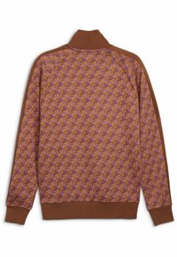 Sweat-shirt marron à motif avec un design géométrique aux teintes violettes et jaunes. Il présente un col montant ainsi que des poignets et un ourlet côtelés.