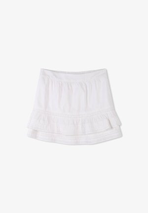 Jupe mini blanche à volants avec des détails plissés et en dentelle, et taille élastique sur fond blanc.