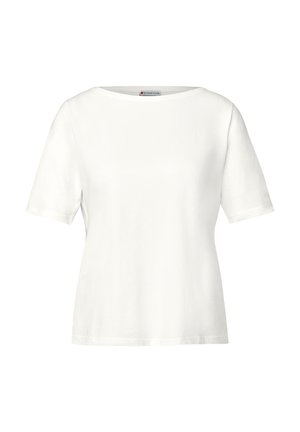 Camiseta de algodón blanca con mangas cortas, escote redondo y un corte relajado. Textura suave y diseño minimalista sin patrones ni gráficos.