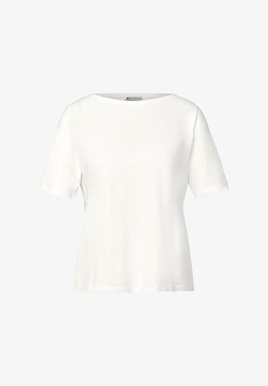 Witte katoen t-shirt met korte mouwen, ronde halslijn en een relaxte pasvorm. Zachte textuur en minimaal ontwerp zonder patronen of graphics.