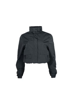 Black cropped jacket with high collar, front snap buttons, long sleeves with elastic cuffs, and two front flap pockets.